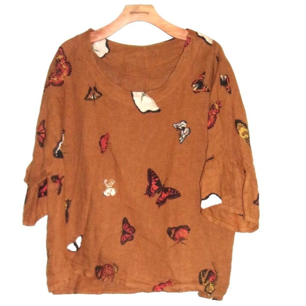 Viola Borghi Linen Shirt Sz. M L Brown Butterfly Print Made Italy BOHO